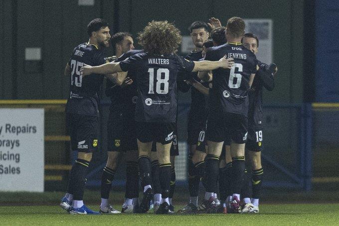 Haverfordwest County players celebrate the fastest goal of the season scored by Ben Ahmun at Jenner Park